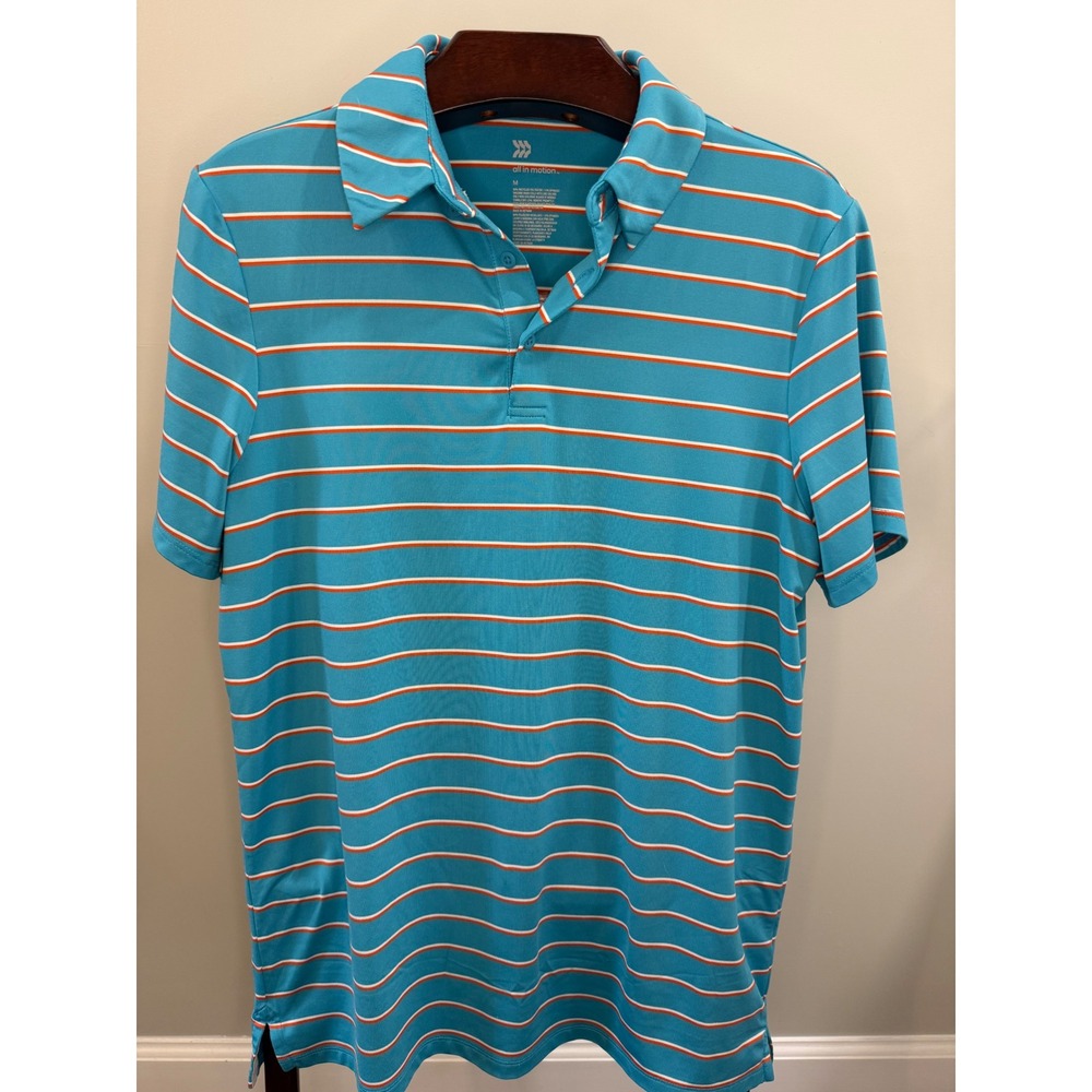 All in Motion Mens Performance Polo Shirt Blue Orange Striped Short Sleeve M